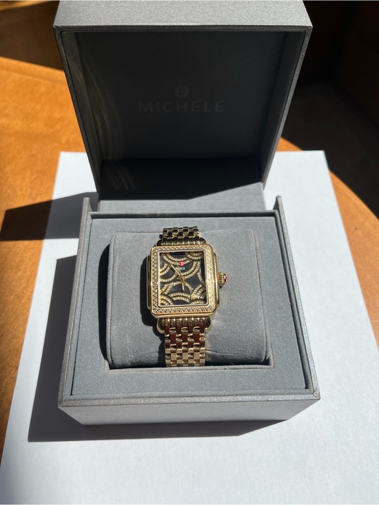 Michele Accessories - Michele Gold-Tone Black Dial Diamond Accent Deco Bracelet Watch